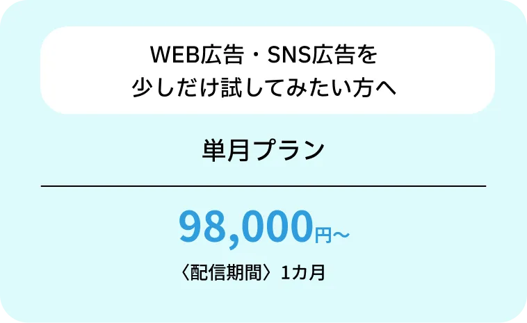 WEB広告・SNS広告を少しだけ試してみたい方へ 単月プラン 98,000円～ 〈配信期間〉1カ月